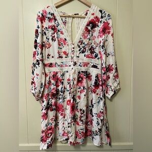 En Creme Floral Dress with Pink and Red Accents